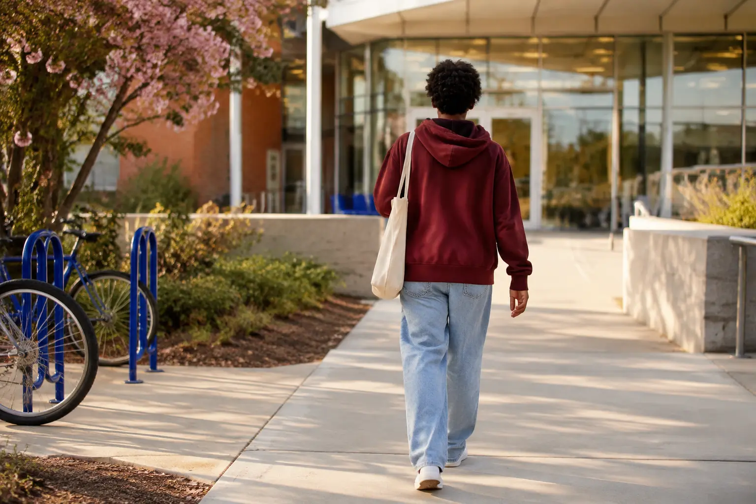 A young person walking toward a public library along an accessible community path.