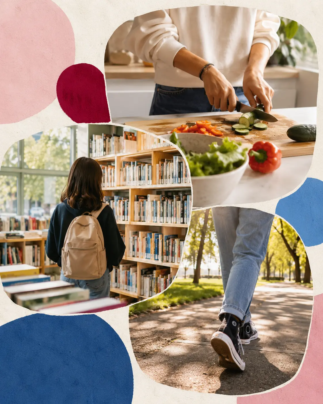 A collage of everyday activities including preparing a meal, visiting a library, and walking through a community park.